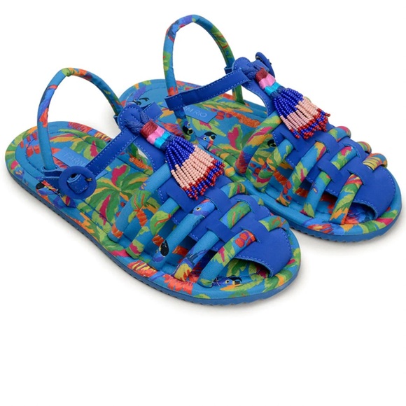 FARM Rio Shoes - FARM RIO NEW BLUE MACAW TUB STRAP SANDALS BLUE MACAW VIBRANTLY BEADED TASSELS